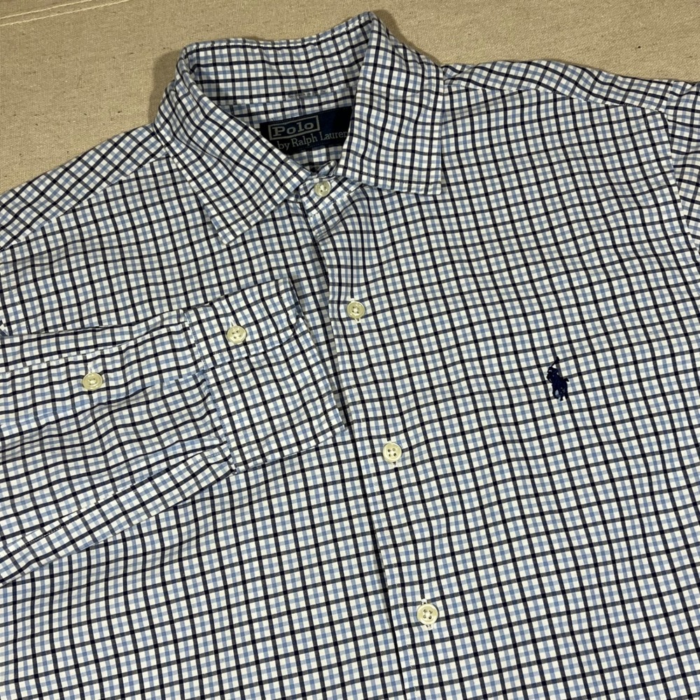 Polo Ralph Lauren Mens Blue White Check Plaid Long Sleeve‎ Button Down Shirt
